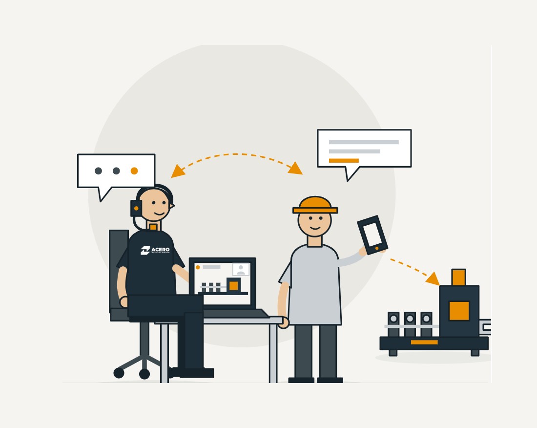 An ACERO support engineer on a video call with an operator at the machine